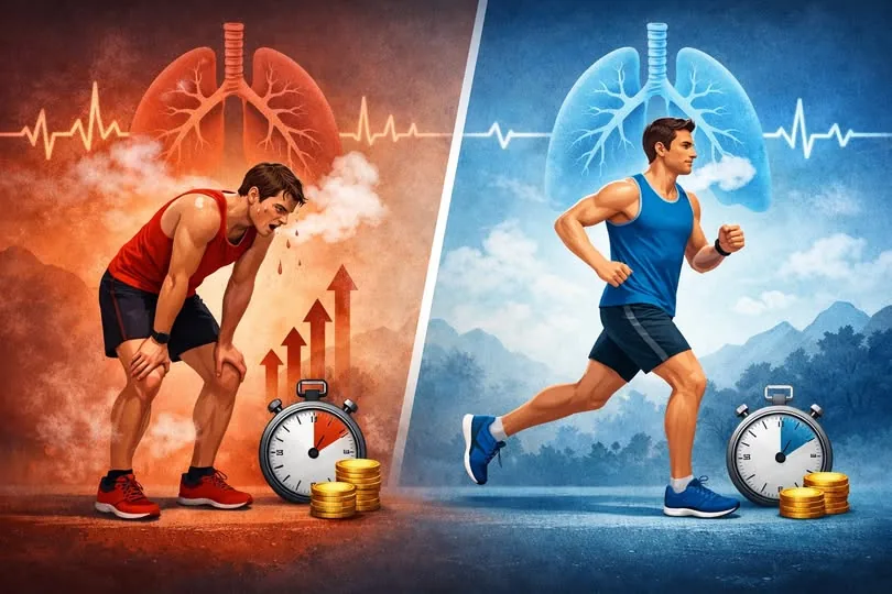 Illustration contrasting an exhausted athlete with a controlled, well-trained runner